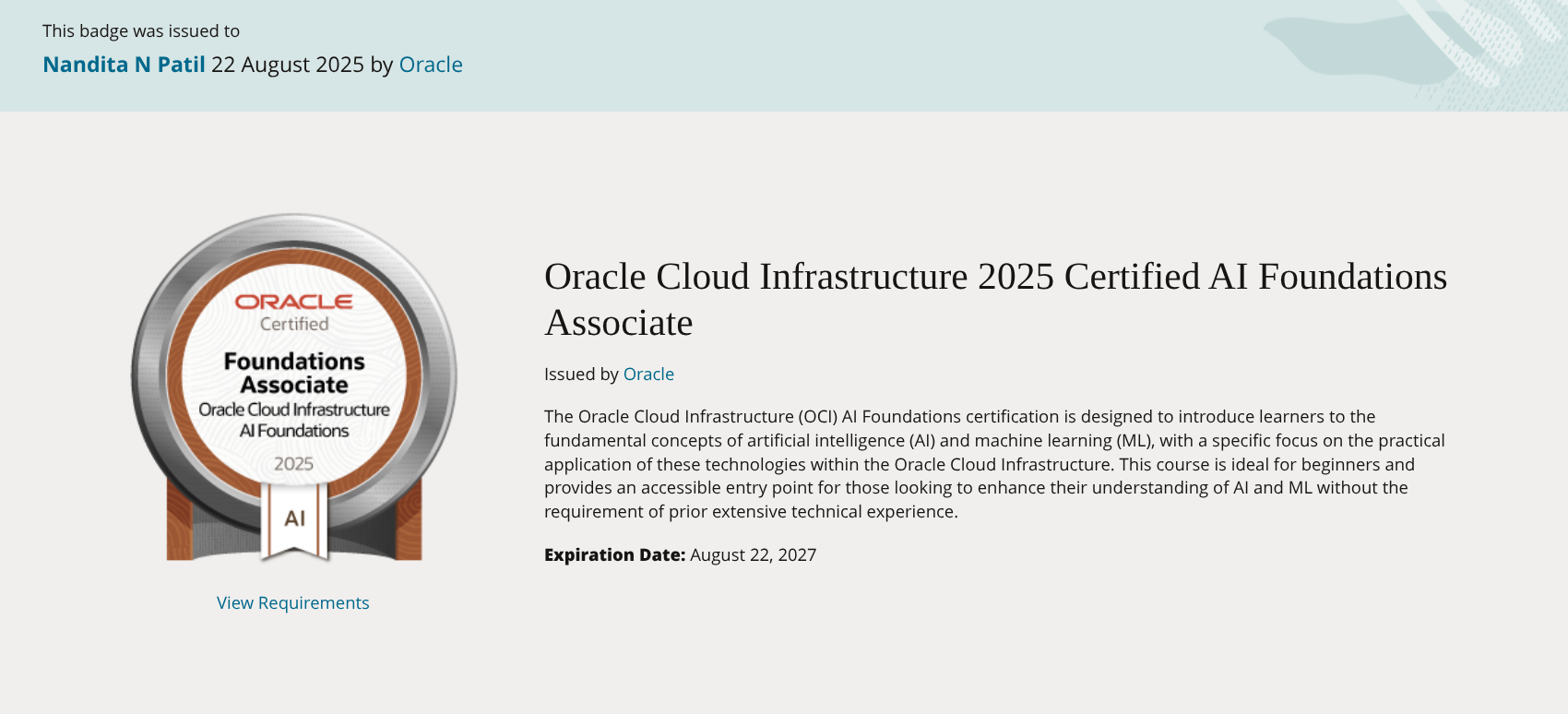 Oracle Cloud Infrastructure 2025 Certified AI Foundations Associate